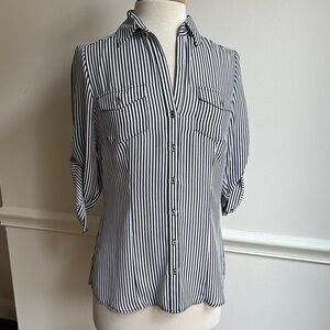 White House Black market sheer striped blouse black white silver buttons 6 EUC